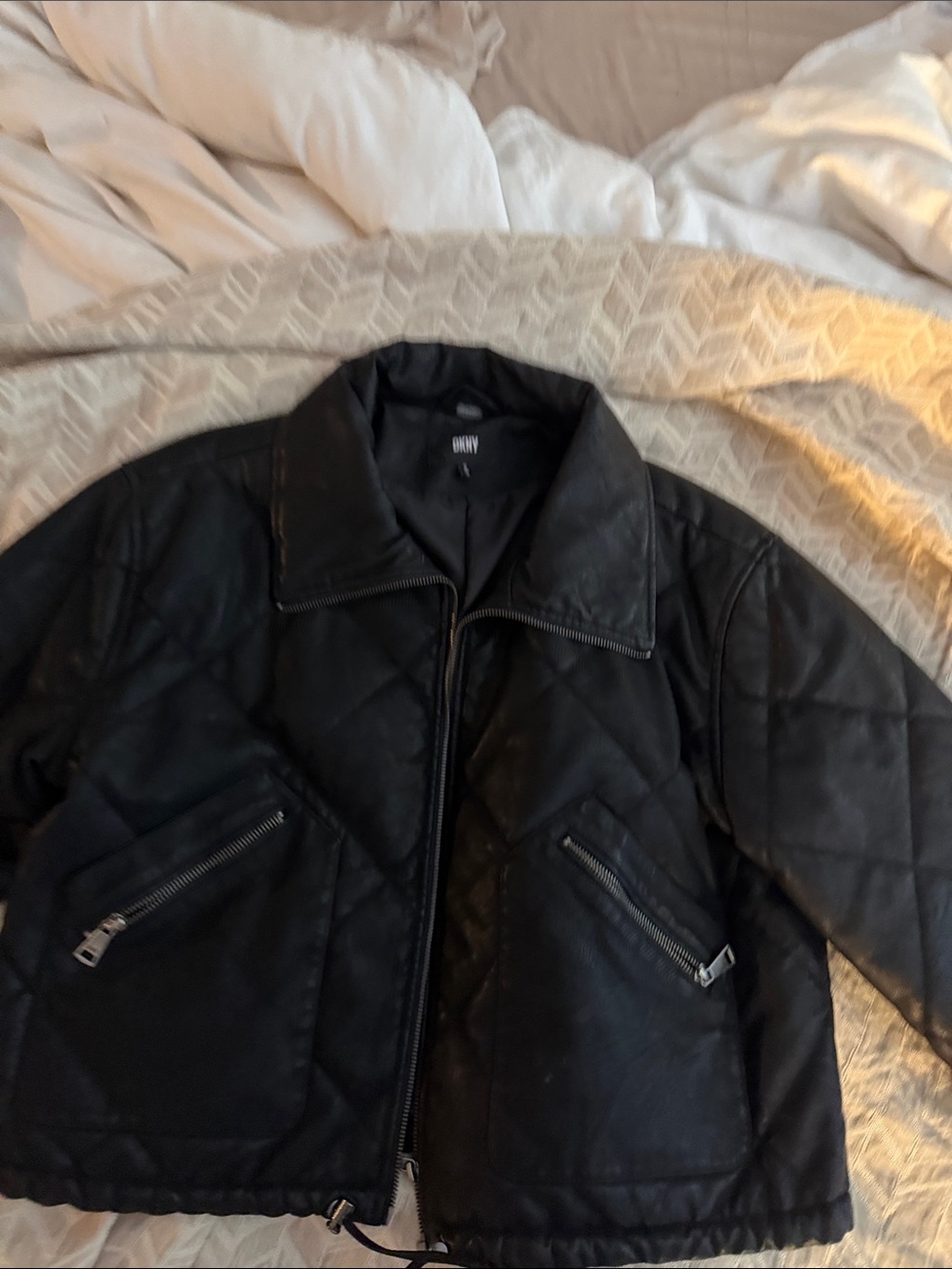 DKNY Black Quilted Zip-Up leather  Jacket